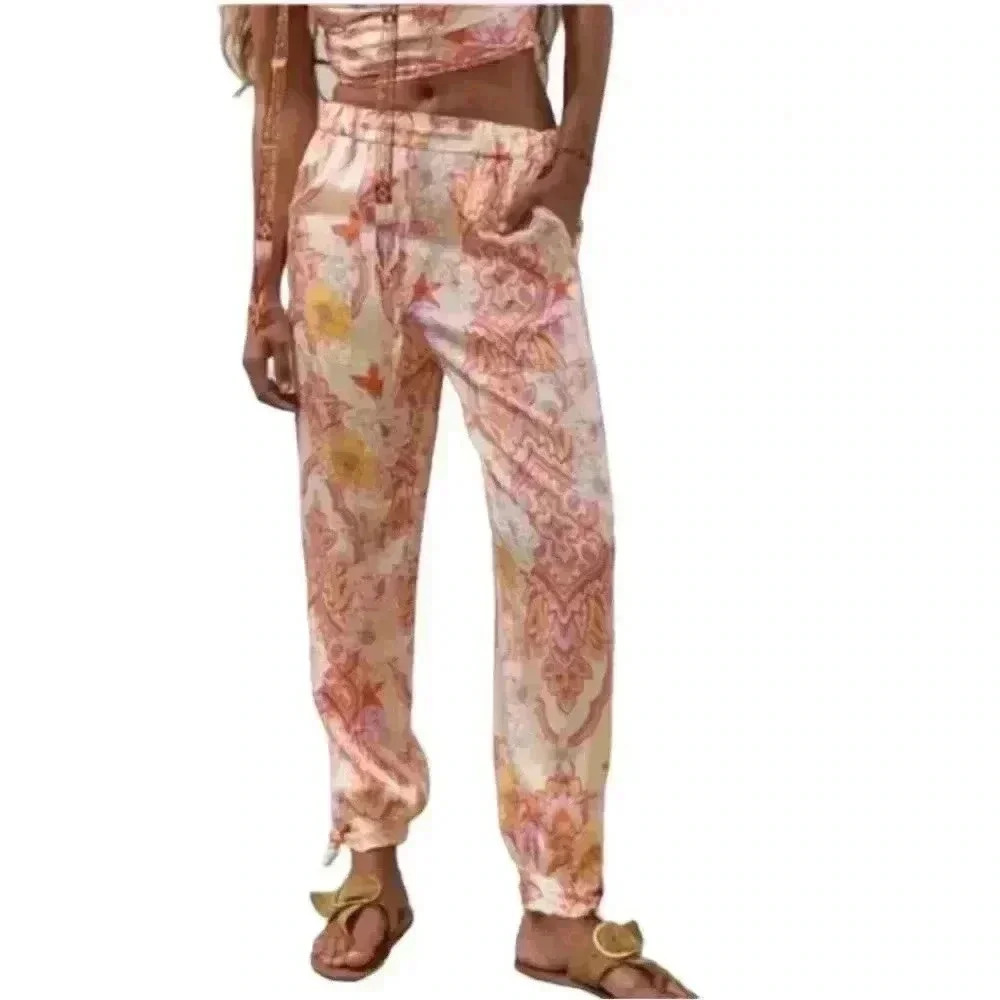 NWT Zara The Sasha Pink & Orange Paisley Satin Tie Ankle Pants - women L